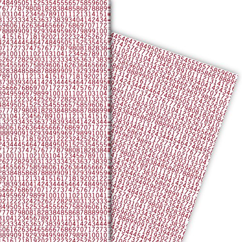 Modernes Geschenkpapier Set (4 Bogen) Dekorpapier mit Zahlenreihe auch zur Einschulung, rot, für tolle Geschenk Verpackung und Überraschungen zum Schulanfang 32 x 48cm