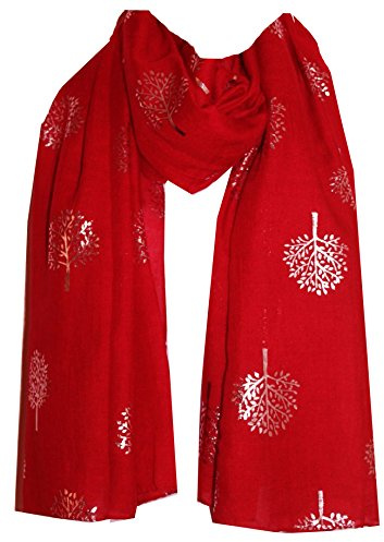 World of Shawls Silver Foil Mulberry Tree Print Fashion Scarf (Red)