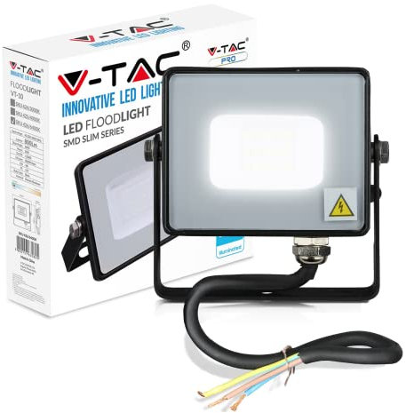 V-TAC 10W Waterproof Outdoor Security Floodlight with Samsung LED Black Body Grey Glass IP65 6400K White 800 lumens, Die Cast Aluminium, 10 W