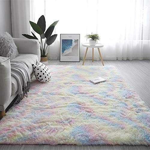 Geling Teppiche Kunstfell Fell Teppich Grau Fellimitat Bettvorleger Sofa Matte Super weich Teppich für Wohnzimmer Schlafzimmer Kinderzimmer Auto Esszimmer Fluffy Kindermatte,Rainbow,120 * 160cm