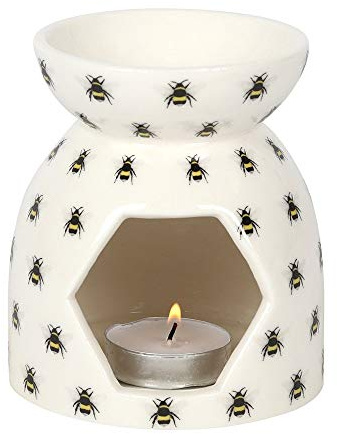 Cheerful All-Over Bee Print White Oil Burner - 14cm x 13.2cm (1 Pc.) - Simple and Stylish Ceramic Design, Ideal for Fragrancing Your Home with Diluted Oils or Wax Melts
