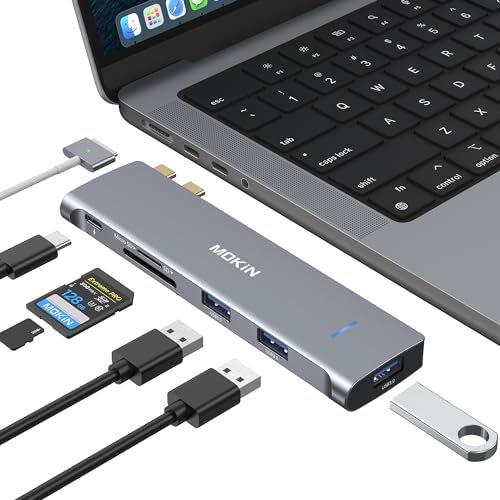 Adaptateur USB-C 6-en-1 pour MacBook Air M1/M2 et MacBook Pro 2021/2020/2019/2018 avec Thunderbolt 3, USB-C, 100W PD, 3 ports USB 3.0 et lecteur SD/Micro SD