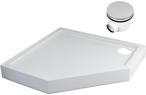 Mestrii Sellon24 Plato de ducha acrílico con desagüe, delantal acrílico, sonido estable, incluye soporte, altura de montaje 12 cm (90 x 90 x 12 5 angulares), color blanco