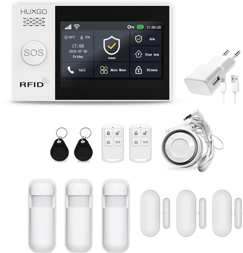 HUXGO HXA007 Funk Alarmanlage WiFi + GSM Modul mit 3X Bewegungssensoren - Bewegungsmelder mit Alarm - Alarmanlage Haus - Alarmanlage Wohnung - Funk Bewegungsmelder mit Empfänger