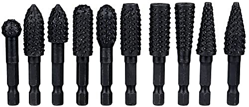Treki 10Pcs Ensemble de Râpes Rotatives pour Fraises 6.35 mm Fraises Rotatives de Poignée Hexagonale en Acier Carbone Outil de Sculpture pour Sculpture sur Bois, Polissage Métaux, Gravure, Noir