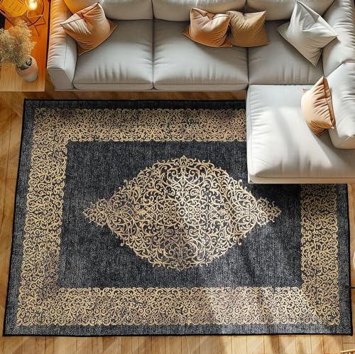SIMPEX Kurzflor Teppich Wohnzimmer Schlafzimmer Läufer Flur Waschbarer Teppich Weich Vintage Stil, Wohnzimmerteppich, Farbe: Schwarz, Größe: 160 x 230 cm