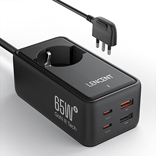 LENCENT 65W Presa Ciabatta con Cavo 1.5M, 2500W Presa Elettrica da Tavolo, Ciabatta Spina Italiana con 4 Porte USB e 1 Presa IT, Caricatore USB Ricarica Rapida per Laptop, PC, Telefono Cellulare -Nero