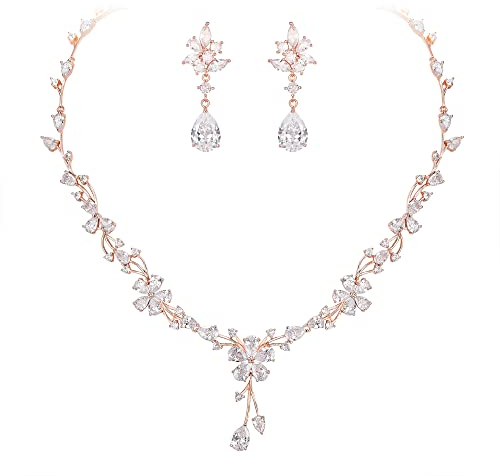 EVER FAITH Brautschmuck für die Braut weiße kubische Zirkonia Teardrop Cluster Blume Hochzeit Halskette Ohrringe Set für Damen Klar Rosegold-Tone
