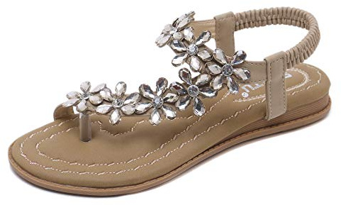 Zoerea Sandali Piatti da Donna da Estate Strass Fiore Bohemia Flip Flop Spiaggia Estivi Scarpe Casual Open Toe Tacco Piatto Stile 2 Beige,37 EU