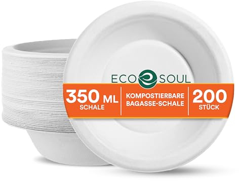 ECO SOUL Papierschalen 350 ml(12oz) suppenschalen einweg, 200 Pack (weiß) | Aus Bagasse hergestellt, 100% kompostierbar & plastikfrei, Mikrowellen & gefriergeeignet, Auslaufsicher und extra stabil