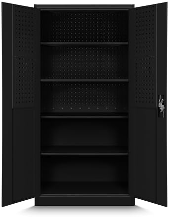 Jan Nowak Armoire à Outils TC01A Armoire d'atelier Métallique Mur perforé 4 étagères Portes battantes Tôle d'acier 185 cm x 92 cm x 50 cm (Noir)