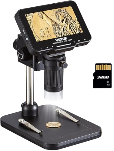 VEVOR Microscopio Digital USB HDMI Ampliación 50X-1000X con Pantalla de 4,3 Pulgadas 8 Funciones LED de Foto y Vídeo Compatible con Windows 7/8.1/10 MacOS 10.5 Conectado a Monitor de Laboratorio