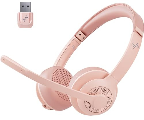 JIAMQISHI Wireless Headset with AI Noise Cancelling Microphone Bluetooth Headset - Bluetooth V5.2 Headphones with USB Dongle & Mic Mute for Computer/Laptop/PC/iPhone/Android/Cell Phones (Pink)