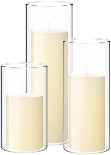 Shihanee Set di 3 candele cilindriche e 3 vasi cilindrici in vetro, per matrimoni, in barattolo trasparente (bianco avorio)