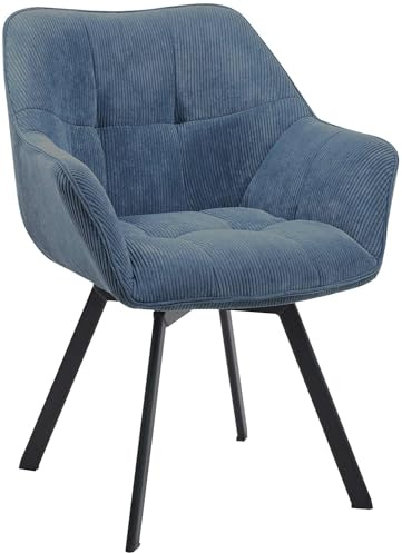 CLP Esszimmerstuhl ergonomisch Jordi Cord, drehbar mit Armlehnen, Polstersessel, 4-Fuß-Metallgestell, bis 150 kg, mit Bodenschonern Farbe blau