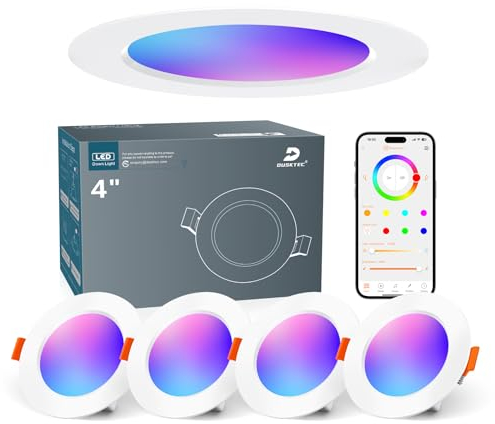 DUSKTEC RGB Downlights Alexa, Smart Colour Changing Spot Lights Ceiling 10W, 100mm Cut Out, LED Spotlights Mains, Warm White to Cool White Dimmable Ceiling Recessed Lights Bluetooth APP Control