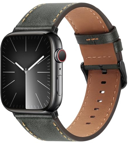 Bisikor Compatible with Apple Watch Strap 49mm 46mm 45mm 44mm 42mm(Series 3/2/1) Genuine Leather Wristband Replacement Strap for iWatch Ultra SE Series 11 10 9 8 7 6 5 4 3 2 1 (Green)