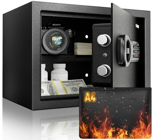 Goldenkey Coffre-fort ignifuge moderne de 0,1 m³ - Coffre-fort numérique avec sac ignifuge, clavier et clé, protège les documents, l'argent liquide et les objets de valeur, 25 cm P x 35 cm l x 25 cm H