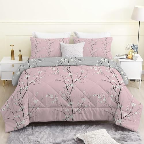 Linfye Bettdecke 135x200 4 Jahreszeiten, Rosa Pflaumenblüte Vierjahreszeiten Steppdecke 135x200, Warme Ganzjahresdecke Graue Zweige Bettdecke ohne Bezug Waschbar Schlafdecke mit 2 Kissenbezug 80x80cm