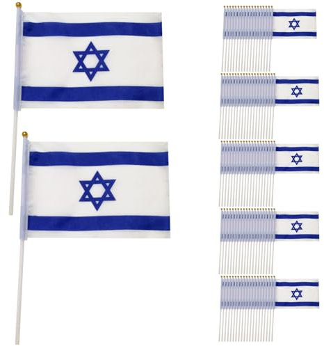OnIUeZky Mini Israel Flagge 100 PCs kleine israelische Flagge auf Sticks 8.3x5,5 Zoll Mini Land Flaggen Handwellen -Büro -Flagge Internationale Konferenz Israelische Themenpartydekor.