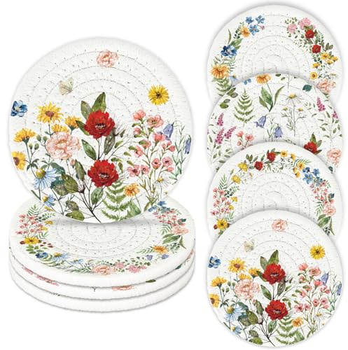 FYSUIMU Spring Vintage Floral Coasters Retro Flower Handmade Braided Cotton Coasters Colorful Wildflower Absorbent Drinks Mat for Party Home Office Office Restaurant Housewarming Gift, Set of 4