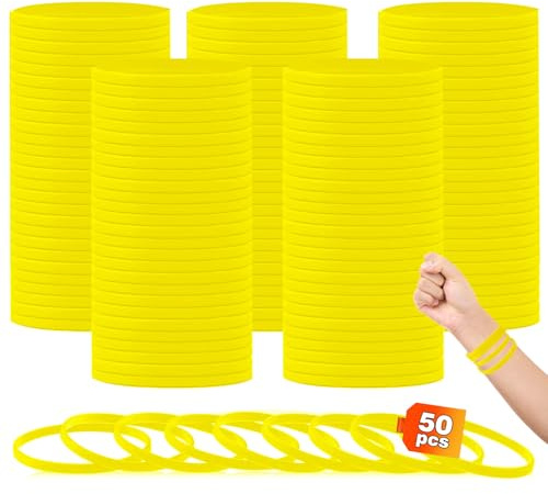 HONTIUS 50 Pezzi Braccialetti In Silicone, 0.24'' 6 mm di larghezza super stretto Braccialetti In Gomma, Vuoto Elastici di Gomma per per Adulti Uomo Donna Scuola Festa Fitness Corsa Sport Giallo