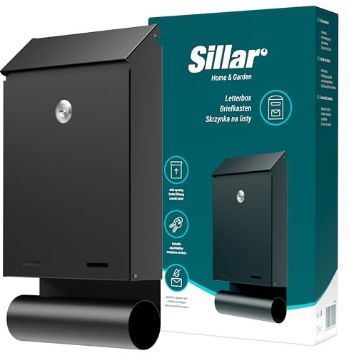 Sillar Boîte aux Lettres Murale avec Serrure | Fabriqué en Acier galvanisé, résistant aux intempéries et aux Rayons UV 32,3 × 18,5 × 5 cm, Noir | 2 clés | Tube pour journaux et dépliants