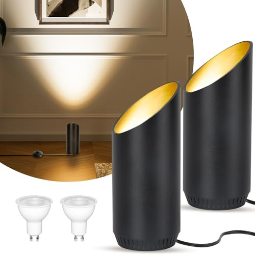 HUAEU LED golvspot - 6 W golvlampa för inomhusbruk, svart, 3 000K varmvit, med GU10 LED-glödlampa 500 LM, spot med fotströmbrytare (2 st vit)