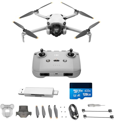 DJI Mini 4 Pro mit Zubehör, faltbare mini-Drohne mit 4K HDR-Videokamera, unter 249 g, 34 Minuten Flugzeit, 20 km max. Video-Übertragungsreichweite, C0 (Kartenleser + Speicherkarte)