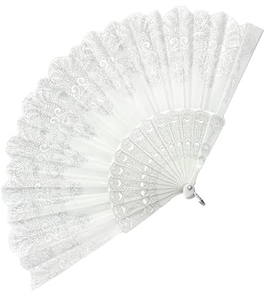 EOSAU Chinesischer Handfächer für Damen, faltbar, für Party, Hochzeit, Kirche, Tanzen (Weiß / Silber)