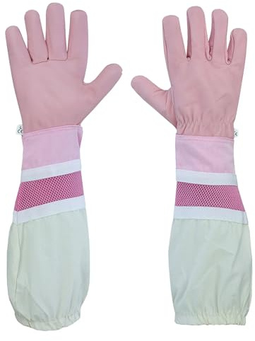 OZ ARMOUR Pink Beekeeping Gloves - Cowhide Ventilated Beekeeper Gloves with Long Sleeve & Elastic Cuff (Large)
