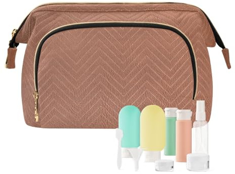 Kosmetiktasche, braunes Leder, Textur, Make-up-Tasche, Kulturbeutel, Flaschenset, Orange, Kunstbeutel, Reise-Kulturbeutel, Kosmetik-Organizer für Damen, multi, Kosmetikkoffer