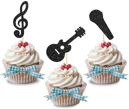 Gleemix 24 Stück Musik Cupcake Topper Doppelseitige Glitzer, Schwarz Musikinstrument Cupcake Topper, Gitarre Mikrofon Noten Kuchen Deko für Rock Musik Konzert, Baby Shower, Hochzeit Geburtstag Torten