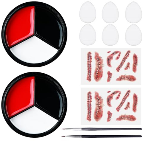Set di 12 trucchi per Halloween, 2 trucchi da 22,8 g, colore nero, bianco, rosso, per Halloween, 2 adesivi cicatrici, 2 eyeliner, 6 mini polveri, set di trucchi per bambini, per il trucco teatrale per