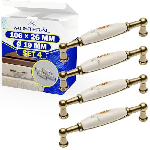 MONTERAL 4 Stück Schrankgriffe Vintage Ø 19 mm 106x26 mm Abstand Zwischen Befestigungslöchern 96 mm - Ländliches Motiv - Küchengriffe Landhausstil Besteht aus Porzellan und Zink-Aluminium Legierung