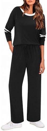 Magritta Two Piece Outfits Women Long Sleeve Tracksuits Set Ladies Lounge Wear Sets Fall Winter Sports Outfits Casual Crew Neck Shirts and Tracksuit Bottoms with Pockets Black Large, 16-18