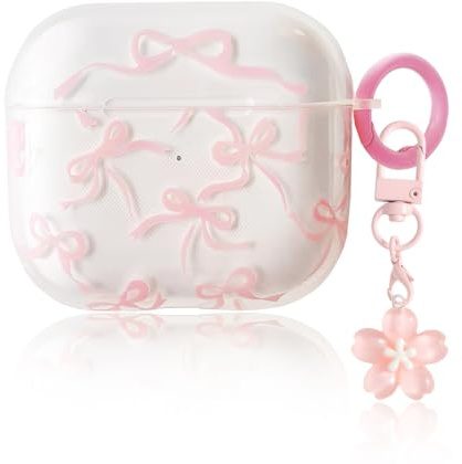 KEWUF Kompatibel mit AirPods 4 Klar Hülle, Rosa Ohrhörer-Etui mit Schleife, Mit Floralen Schlüsselanhänger, Hülle für AirPods 4, Weiche TPU Schützende Stoßfeste Hülle (AirPods 4)