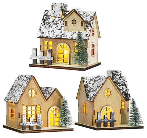 VANZACK 3pezzi Casetta di Legno Natalizia Luci LED Villaggio di Natale in Miniatura Decorazione Casa Legno Grezzo per Centrotavola Invernale