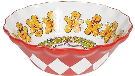 Blond Amsterdam Fuente navideña 23 cm con borde ondulado y diseño de muñecos de jengibre, ideal para servir pan, galletas o ensaladas en la mesa festiva