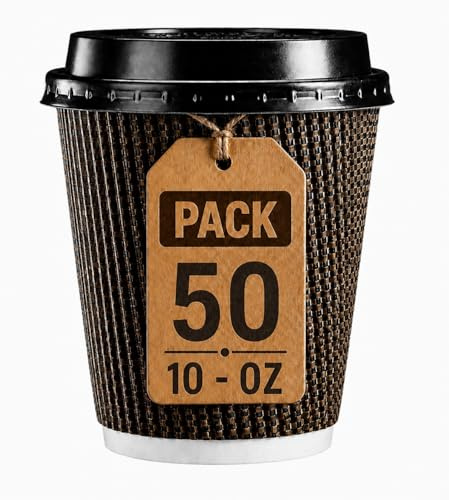 50 Pack 10oz Disposable Coffee Cups with Lids, 300ml Ripple Kraft Triple Wall Insulated Paper Cups, Brown Hot Drink Cups for Tea, Coffee, Cappuccino, Takeaway Use