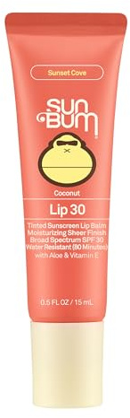Sun Bum SPF 30 Sunscreen Sunset Cove Tinted Lip Balm - Coconut Flavor Broad Spectrum Moisturizing with Aloe & Vitamin E - Hawaii 104 Act Compliant (Made Without Octinoxate & Oxybenzone) - 0.5 oz