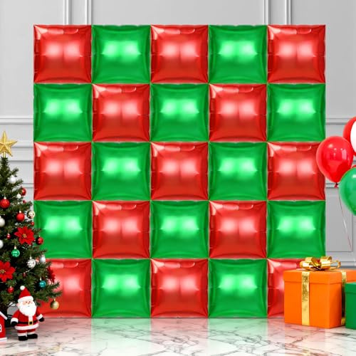 25 Pcs Square Balloons, Metallic Square Foil Balloons Wall Backdrop, Double Sided Mylar Balloons Tunnel Arch Kit for Anniversary Wedding Birthday Baby Shower Party Decorations (Red and Green)
