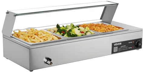 VEVOR Chauffe-Plat Électrique à Vapeur 1500 W, Buffet Chauffant en INOX, Bain-Marie de Comptoir, avec 3 Bacs Gastros de 1/2 et Capot en Verre, pour Servir Buffet en Libre-Service Restauration