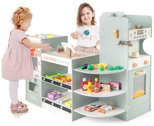 GOPLUS Kinder Kaufladen, Kaufmannsladen Holz mit Kasse, Kaffeemaschine, Ofen, Verkaufsautomat, Regalen inkl. Zubehör, Supermarkt Spielzeug Set, Einkaufsladen Kinder für Jungen & Mädchen ab 3 Jahren