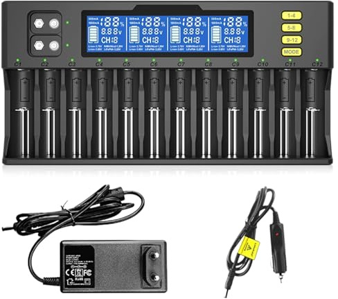 Batteriladdare universell 12 fack, laddare batterier med LCD-display för AA, AAA, 9 V NI-MH/NI-CD, Li-ion-3,70 V/3,80 V/3,20 V, 12-laddningsplats, universell snabbladdare (svart)