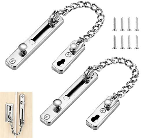 2 Pack Door Chain Lock, Heavy Duty Door Chain Safety Stainless Steel Sliding with Spring Button Anti Theft Latch Brushed Nickel Security Guard for Front Door, Home Apartment Hotel Inside Protection