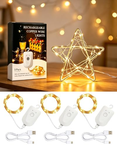 Mini-Lichterkette wiederaufladbar 3er Set, 3 m 30 LEDs Warmweiß mit Timer | Leuchtdauer, USB-aufladbar, integrierter Haken, 8 Modi, wasserdichter Kupferdraht für Innen & Außen