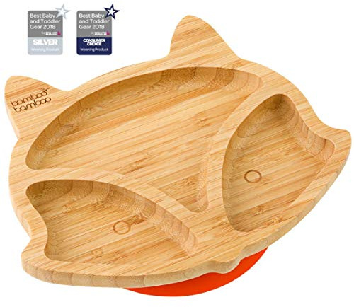 bamboo bamboo Baby Teller Kinderteller, Kindergeschirr mit Saugnapf, Sugnapf Teller Baby ab 6 Monaten (Fuchs, Orange)