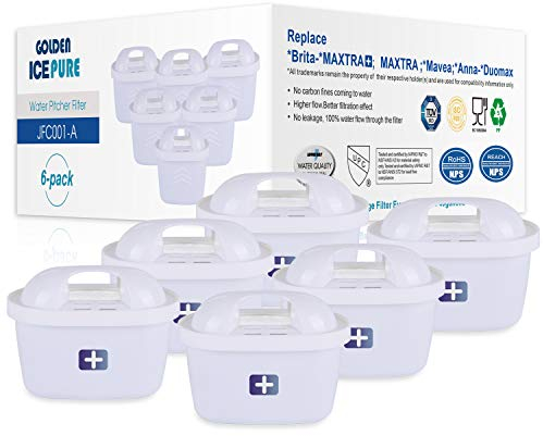 GOLDEN ICEPURE Water Filter Cartridges,Compatible with Brita Maxtra+,Maxtra Plus,Maxtra Pro All-in-1,Brita Marella Jug,Kettle,Mavea, Anna Duomax,Reduce PFAS, PFOA/PFOS, TÜV SÜD, NSF Certified, 6 Pack