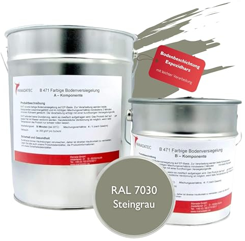 MANADATEC 2k Epoxidharz Bodenbeschichtung 5kg I RAL 7030 Steingrau I Lösemittelfrei, Umweltfreundlich & Geruchsneutral I Beschichtung für Garagen- & Kellerböden I Hohe Schlagfestigkeit